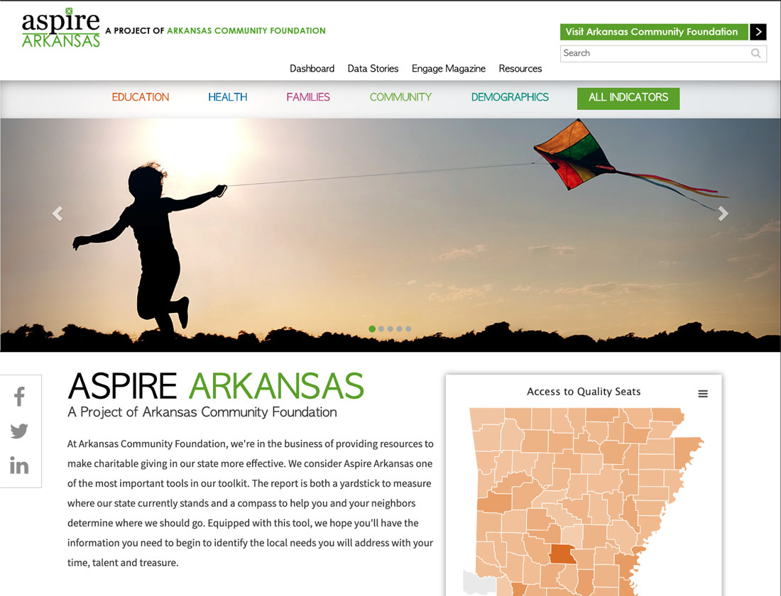 screenshot of aspire arkansas website homepage - features photo of kid flying kite with sun in background